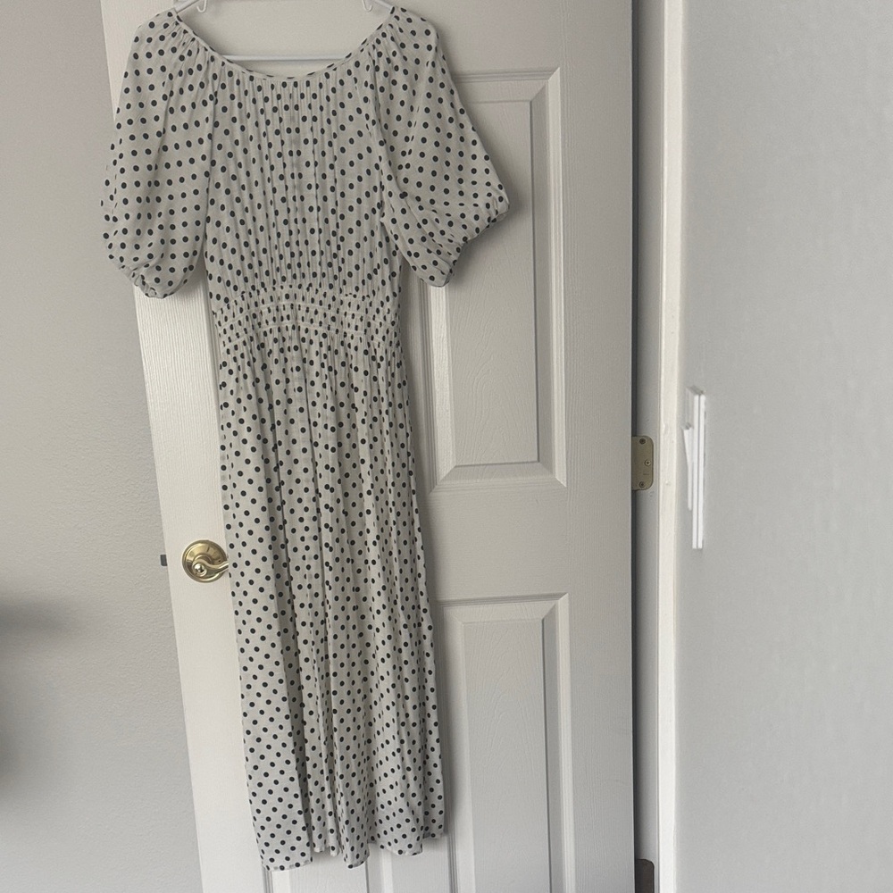 Polka Dot Puff Sleeve Dress - White with Black Dots